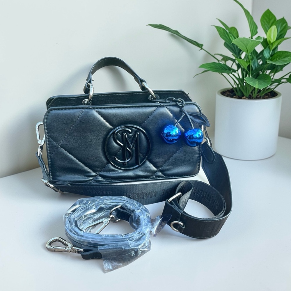 Steve Madden Top Handle Black Guitar Strap Crossbody Quilted Satchel NWT